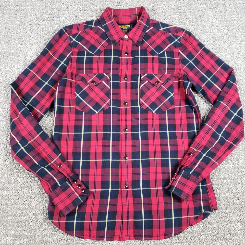 Ralph Lauren Rugby Western Shirt Womens size 4 Red Blue Plaid Pearl Snap Button